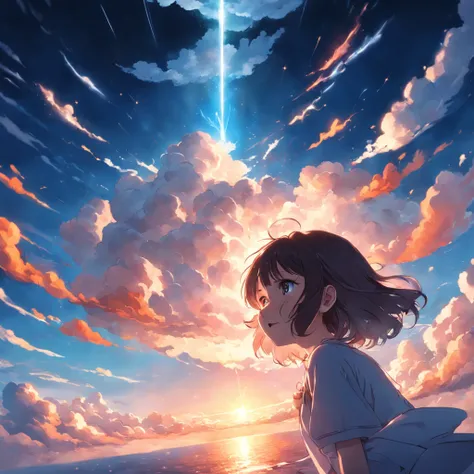 masterpiece, best quality, movie still, 1girl, cloud girl, floating in the sky, close-up, bright, happy, warm soft lighting, sunset, (sparks:0.7)