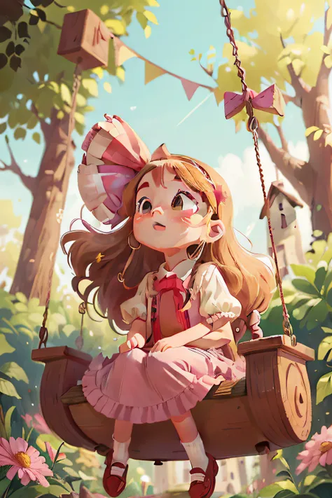 Clara is a 6 year old girl, cute, long blonde hair, expressive brown eyes, pink dress, bow on her head, she is sitting on a swing in the park, looking up, with a curious and excited look