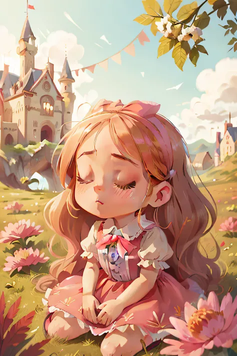 Clara is a 6 year old girl, cute, long blonde hair, perfect face, pink dress, bow on her head, with her eyes closed, head up, eyes closed, near a beautiful and majestic castle in a beautiful, very colorful place