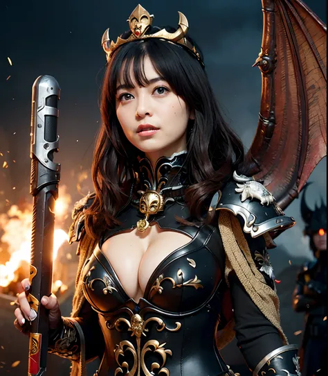 Professional , ​masterpiece、top-quality、photos realistic , depth of fields （Gemstone Black Metal Body:1.９),(Enamel Black、（cleavage of the breast）、Dragon Gold Weapon（Dragon Metal Body:1.４),Gorgeous gold weapons ,（（ Dragons dense and gorgeous sword）） , Beaut...