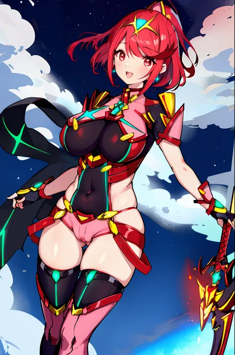 pyra (xenoblade), teen_1girl, loli, armor, bangs, black gloves, breasts, red eyes, light_open_mouth, earrings, eyelashes, fingerless gloves, floating hair, framed breasts, gem, gloves, hair ornament, headpiece, jewelry, big_breasts, leaning back, leotard, ...