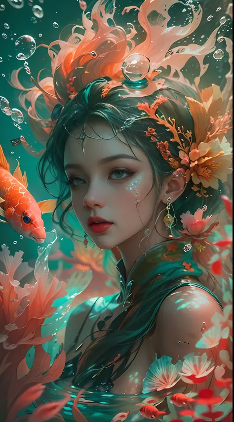 ModelShoot style, (Extremely detailed Cg Unity 8K wallpaper), A chaotic storm of intricate liquid smoke in the head, Stylized abstract photo of mermaid girl, wetted skin,Koi，Beautiful koi，Flocks of koi,carp，Strange shaped corals，ocean floor，Beautiful coral...