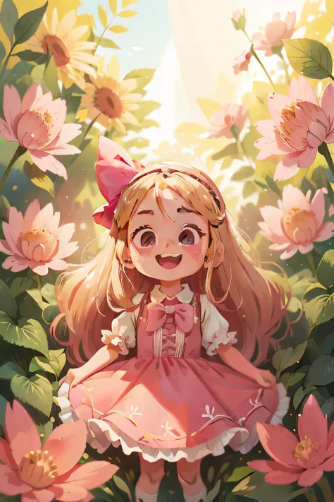 Clara is a 6 year old girl, cute, long blonde hair, perfect face, perfect eyes, happy, pink dress, bow on her head, in a garden, happy, in an amusement park