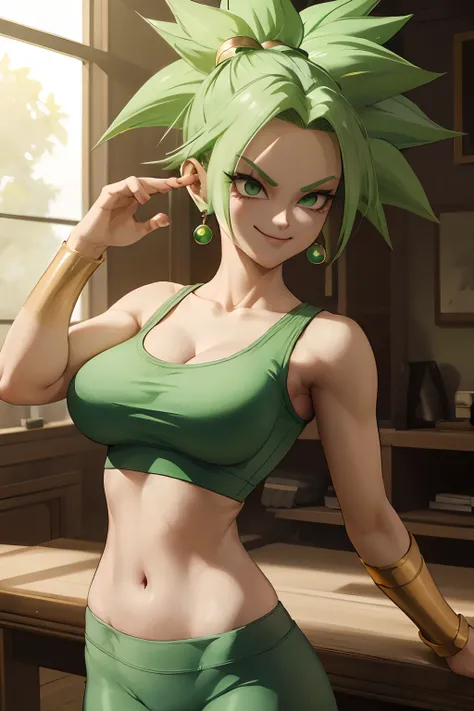 (best quality, masterpiece), green hair, green earrings, yoga pants, yoga bra, skin tight, toned, smug, smirk, kefla, thin waist, backlight,