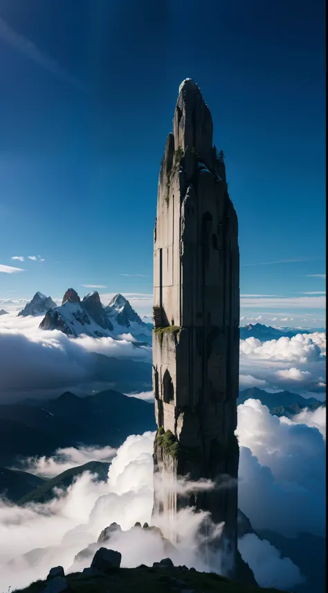 Pristine Mountains，down view，A huge stone towering into the clouds，k hd