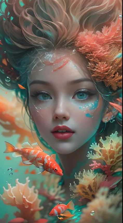 ModelShoot style, (Extremely detailed Cg Unity 8K wallpaper), A chaotic storm of intricate liquid smoke in the head, Stylized abstract photo of beautiful girl, wetted skin,Koi，Beautiful koi，Flocks of koi,carp，Strange shaped corals，ocean floor，Beautiful cor...