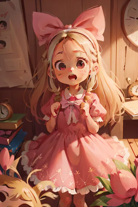 Clara is a 6 year old girl, cute, long blonde hair, perfect face, perfect eyes, happy, pink dress, bow on her head, excited, talking to her friends