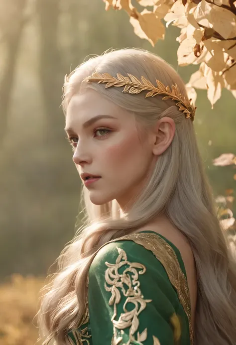 The elven princess leaned against the emerald grass，She was armed with a bow and arrow，Gaze into the distance。Her long hair flowed，A golden glow shimmers in the sunlight。The surrounding flowers bloom with colorful colors，A gentle breeze blows the leaves，Fa...