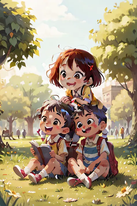 happy, smiling and curious children sitting in the park