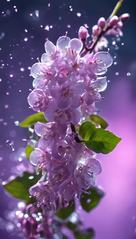 branch of delicate lilac flowers, super transparent, holy light, beautiful spectral light, petals glow, flashing, dark background, drops of transparent light, reflective light, bright, light streaming in, optics, portrait profile, sharp focus, magical, int...