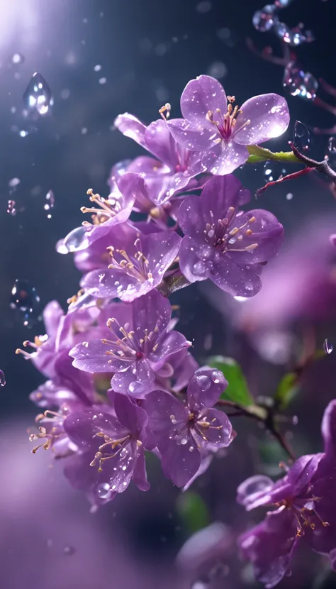 branch of delicate lilac flowers, super transparent, holy light, beautiful spectral light, petals glow, flashing, dark background, drops of transparent light, reflective light, bright, light streaming in, optics, portrait profile, sharp focus, magical, int...