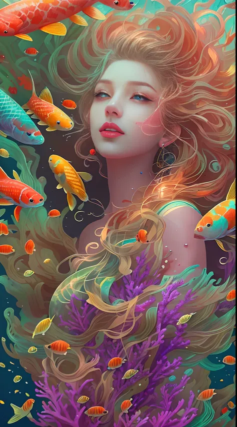 ModelShoot style, (Extremely detailed Cg Unity 8K wallpaper), A chaotic storm of intricate liquid smoke in the head, Stylized abstract portrait of beautiful girl, wetted skin,Koi，Beautiful koi，Flocks of koi,carp，Strange shaped corals，ocean floor，Beautiful ...