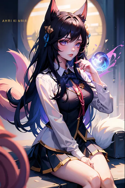 nixeu, ahri, ahri_\(league_of_legends\), 1girl, animal_ears, artist_name, bangs, black_hair, black_skirt, blue_ribbon, blurry, b...