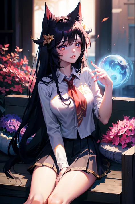 nixeu, ahri, ahri_\(league_of_legends\), 1girl, animal_ears, artist_name, bangs, black_hair, black_skirt, blue_ribbon, blurry, b...