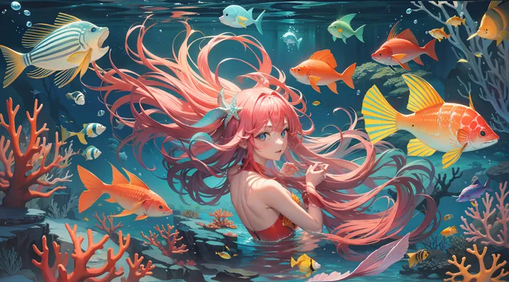 The mermaid looks at the colorful underwater world in the sea，(ocean floor、Marine life、Beautiful coral reef、The fish),Messy painting style，Hair flows in water