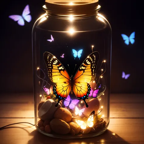 Butterfly in a jar and lights outside of the jar