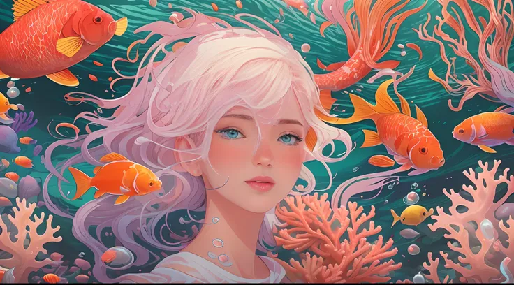 ModelShoot style, (Extremely detailed Cg Unity 8K wallpaper), A chaotic storm of intricate liquid smoke in the head, Stylized abstract portrait of beautiful girl, wetted skin,Koi，Beautiful koi，Flocks of koi,carp，Strange shaped corals，ocean floor，Beautiful ...