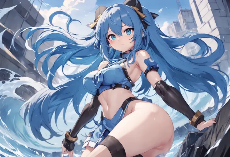 Chica de anime con cabello azul y medias negras sentada en una roca, Personajes de Azure Lane, Estilo Azur Lane, Del videojuego Azure Lane, de Arknights, Tendencias en ArtStation Pixiv, Artgerm extremadamente detallado, De Girls Frontline, Impacto de Ayaka...