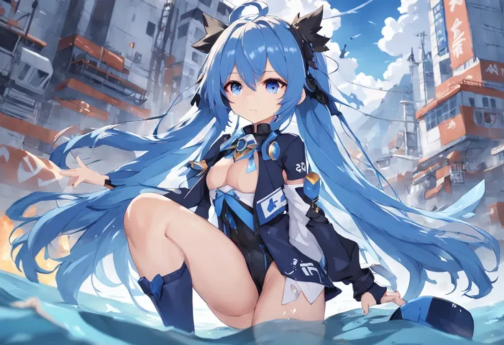 Chica de anime con cabello azul y medias negras sentada en una roca, Personajes de Azure Lane, Estilo Azur Lane, Del videojuego Azure Lane, de Arknights, Tendencias en ArtStation Pixiv, Artgerm extremadamente detallado, De Girls Frontline, Impacto de Ayaka...