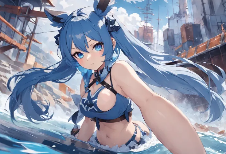 Chica de anime con cabello azul y medias negras sentada en una roca, Personajes de Azure Lane, Estilo Azur Lane, Del videojuego Azure Lane, de Arknights, Tendencias en ArtStation Pixiv, Artgerm extremadamente detallado, De Girls Frontline, Impacto de Ayaka...