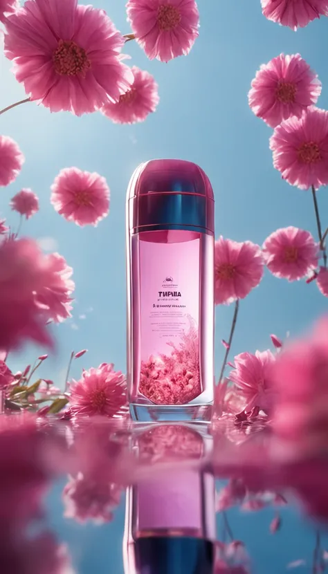 Super realistic scene, makeup bottle, surrounded by pink flowers wrapped around, blue sky background, water, sunlight, low perspective, blender, product rendering, HD 8K。 --v6