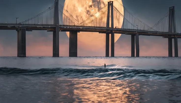 Best quality, Masterpiece, 超高分辨率, (photograph realistic:1.4), surrealism, Dream-like,fusionart, Greater Bay Area，Hong Kong-Zhuhai-Macao Bridge，Huge moon at sea，Reflecting the waves，The music is floating