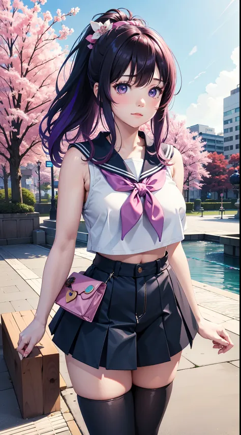 Beautiful Shibuya girl, Waist messy turquoise hair, Heterochromatic pink and purple eye color, Navy blue crop top with navy，Sailor collar，Wear yours with navy blue ripped leggings, cheerfulness, Make soap rainbow bubbles in the park with cherry blossom tre...