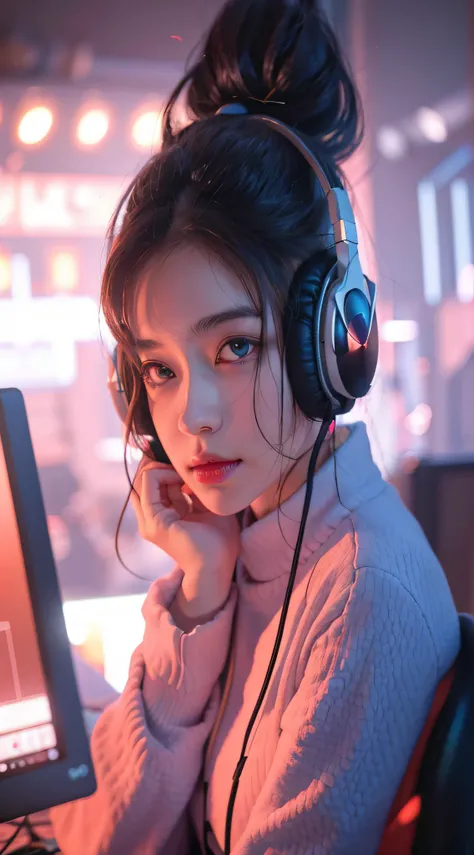 Anime girl sitting in front of computer wearing headphones, Guviz-style artwork, style of anime4 K, Guviz, Artgerm and Atey Ghailan, anime vibes, high quality portrait, trending on cgstation, Anime style. 8K, lofi portrait, Digital anime illustration, lofi...