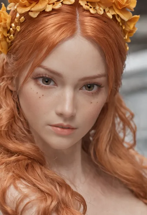 close up face shot of nami from one piece, very detailed facial texture, detailed eye texture, shiny lips, orange hair and pupil, detailed hair texture