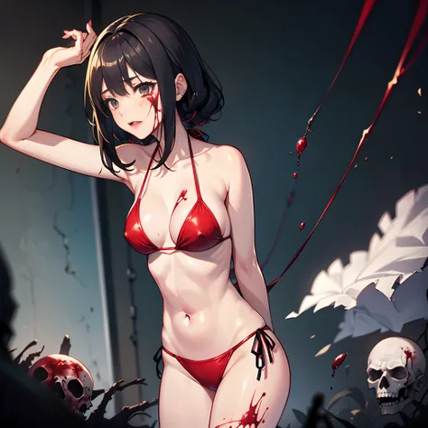 "Girl in a string bikini, The body was stained with blood.., Surrounded by bleeding zombies on the girls body.."