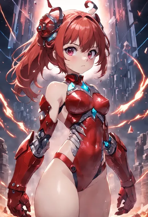 beautiful little girl, ((red)), ((crystal power armor)), bellybutton, open shoulders, ((power knuckles)), the perfect body, ((crystal little thongs)), ((curvy shapes)), crystal hair