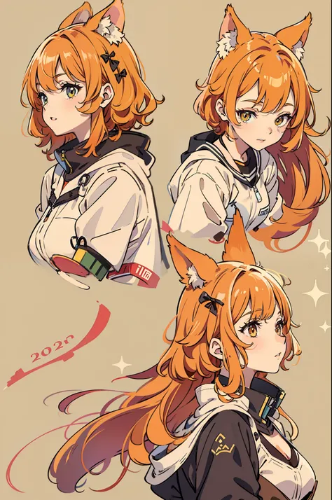 Orange hair，short and wavy hair，Cat-eared teenager