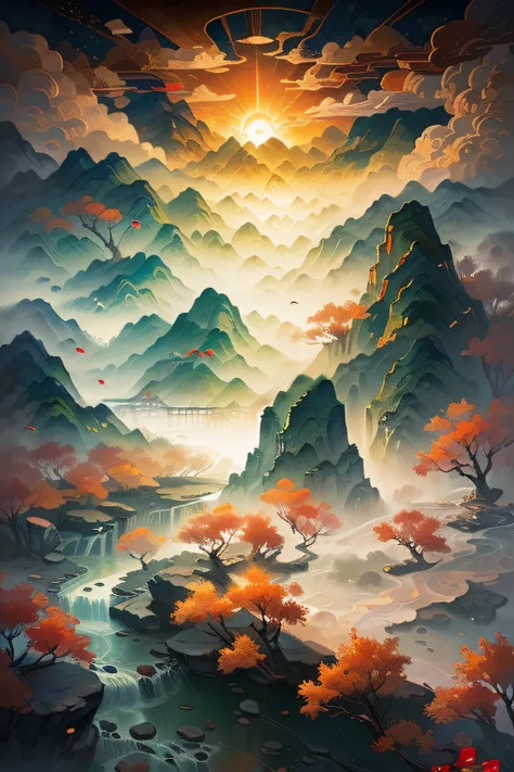 Ancient Chinese landscape, mountains, rivers, auspicious clouds, sunlight, masterpiece, super detail, epic composition, ultra high definition, high quality, extremely detailed, official art, uniform 8k wallpaper, super detail, 32k -- v 6