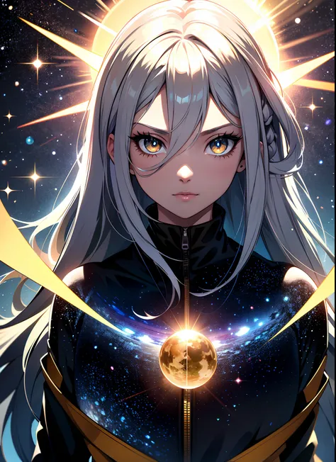 Absurd resolution, high resolution, (masterpiece: 1.4), super detail, a girl, very long straight hair, silver hair colorful, big yellow crystal eyes, seductive face, determined face, from above, space, floating in the space, center, spacesuit, big blue ear...