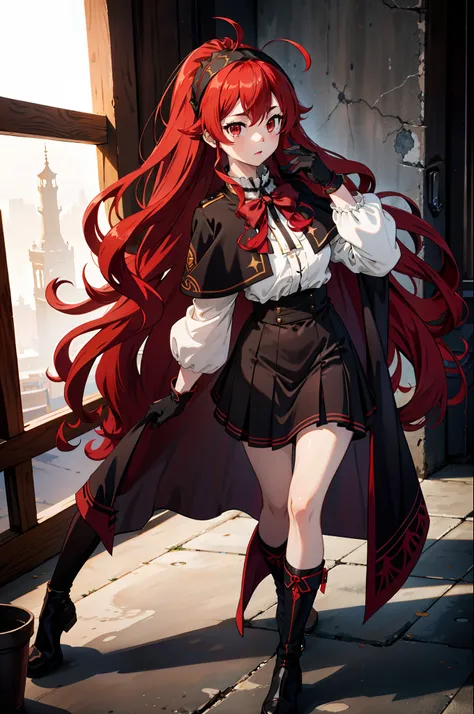 full-body, 1girl, eris greyrat, red hair, red eyes, ahoge, hairband, capelet, coat, gloves,  (masterpiece:1.2), highres, best qu...