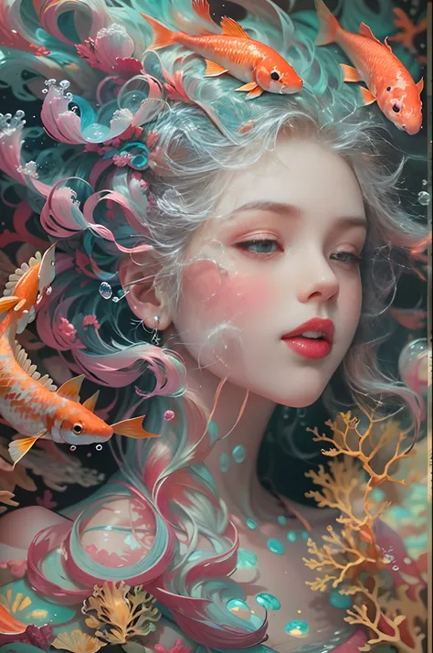 ModelShoot style, (Extremely detailed Cg Unity 8K wallpaper), A chaotic storm of intricate liquid smoke in the head, Stylized abstract portrait of beautiful girl, wetted skin,Koi，Beautiful koi，Flocks of koi,carp，Strange shaped corals，ocean floor，Beautiful ...