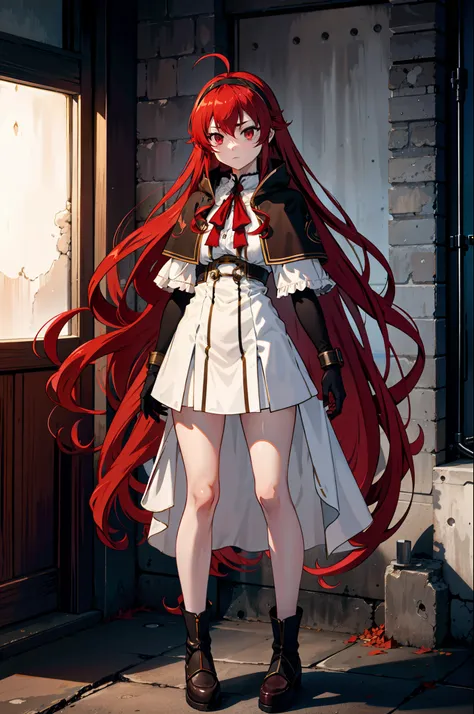 full-body, 1girl, eris greyrat, red hair, red eyes, ahoge, hairband, capelet, coat, gloves,  (masterpiece:1.2), highres, best qu...