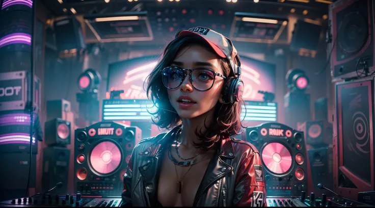 (Ultra - Detalhado, 16k resolution, Lentes de cinema，rendering by octane),Uma jovem mulher pintada，Tem cabelos lisos brancos e rosa, Usando fones de ouvido de DJ prateados, Camiseta de lantejoulas prateada brilhante, (Roupa hip-hop pop exclusiva:1.3), Sorr...