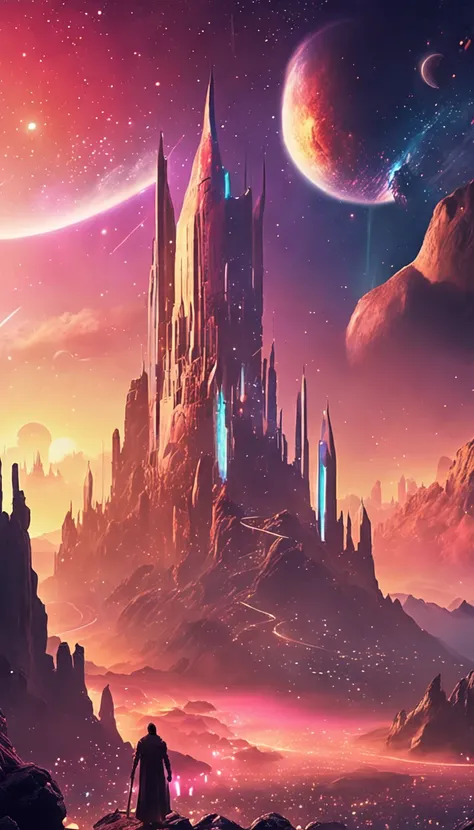 Starry sky and distant fantasy cities and planets with towers, epic fantasy sci fi illustration, fantasy planet, arstation and beeple highly, Fantasy space, fantasy scifi, epic scifi fantasy art, epic dreamlike fantasy landscape, ethereal starlit city at s...