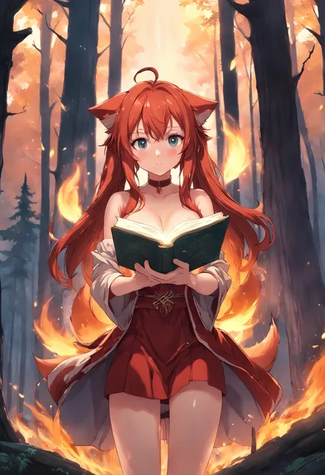 A beautiful redhead with full breasts dressed red ears and foxtail holding a book in her left hand and a fire spell in her right hand she is in a dense forest