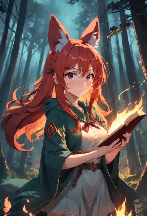 A beautiful redhead with full breasts dressed red ears and foxtail holding a book in her left hand and a fire spell in her right hand she is in a dense forest