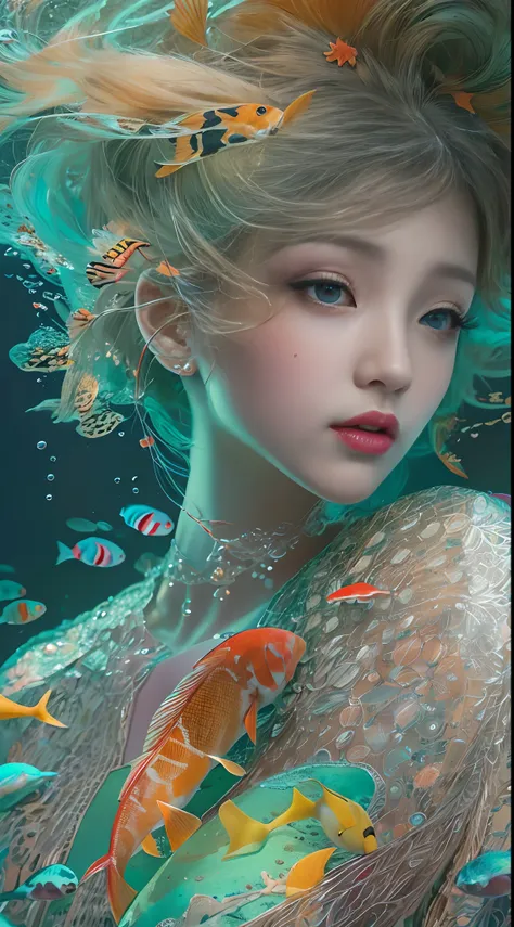 ModelShoot style, (Extremely detailed Cg Unity 8K wallpaper), A chaotic storm of intricate liquid smoke in the head, Stylized abstract portrait of beautiful girl, wetted skin,Koi，Beautiful koi，Flocks of koi,carp，Strange shaped corals，ocean floor，Beautiful ...