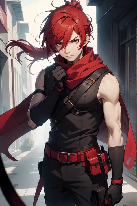 solo male, red hair, yellow eyes, ponytail, red scarf, red vest, sleeveless, black pants, black gloves, slim