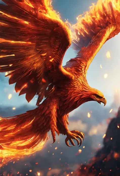 phoenix，The golden badge of the Flame Phoenix, brightly, A majestic, All attention was focused on the details of the phoenix burning, stunning atmosphere，Rich gold and red color palette, Bright lights, Effects of flame splashes and smoke