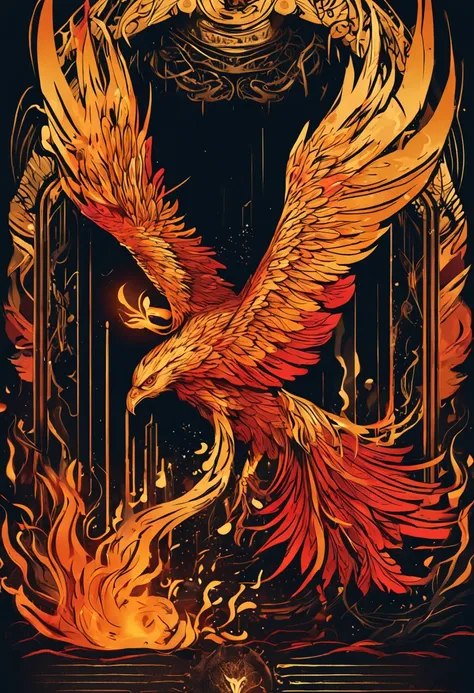 phoenix，The golden badge of the Flame Phoenix, brightly, A majestic, All attention was focused on the details of the phoenix burning, stunning atmosphere，Rich gold and red color palette, Bright lights, Effects of flame splashes and smoke