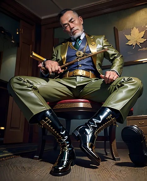 A 50-year-old middle-aged Chinese man sits in a chair，jpn，Chinese man，Keep your feet up，He wore a pair of golden riding boots on his legs, Wear riding boots,breeches, Gold blazer, Jacket and boots, Gold uniform breeches and gold smooth riding boots, Golden...