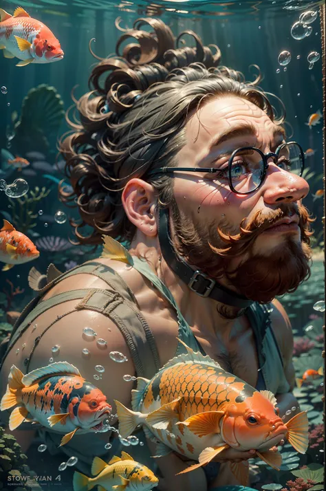 movie picture quality，style of disney animation，Disney animated films，ocean floor，The corals，Colorful，（fatness：1.4），The stocky bearded uncle swims in the sea on a huge koi，short detailed hair，Denim suspenders，The barefoot，depth of fields，high light，Real li...