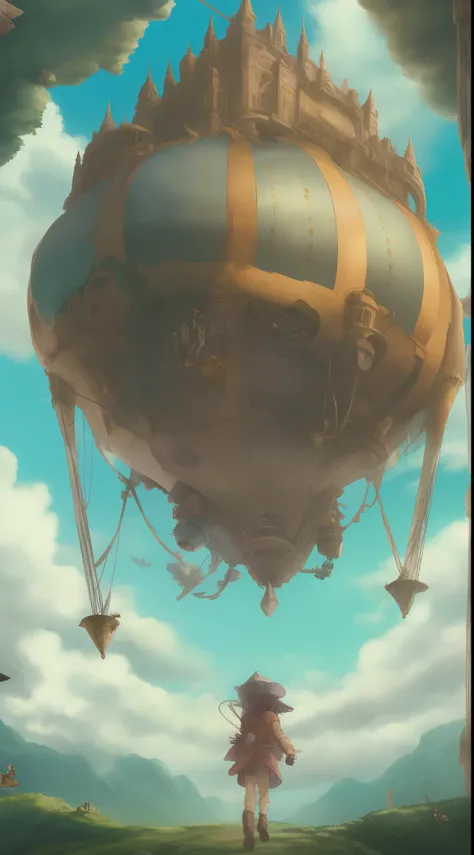 A character piloting an airship over stunning landscapes, trazendo elementos de "The Castle in the Sky".