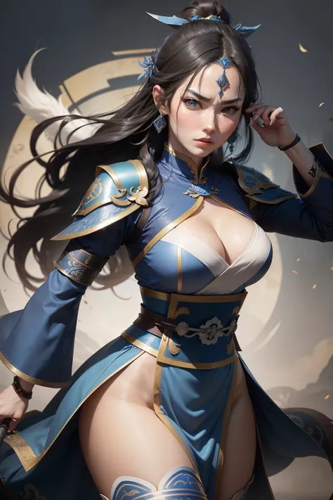 Create a square-format game character illustration inspired by the 三國無双 (Dynasty Warriors) style:
1. Frame: Ensure the character design is centered and fills the square frame.
2. Pose: The character should have a powerful and dynamic stance, exuding confid...