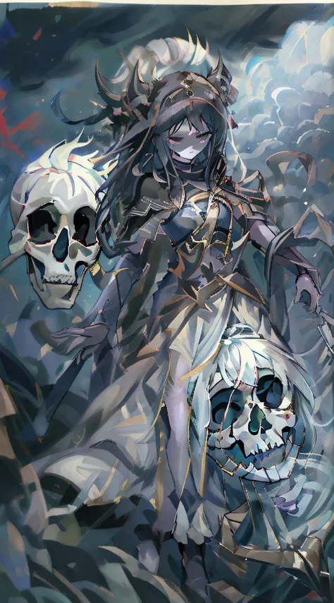 (masterpiece, best quality, illustration)), chaos theme, horror theme, a girl, covering eyes, mask, skull, head gear, skeletal a...